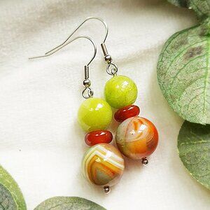 Lime Green Jade, Carnelian, & Peacock Agate Stone Drop Earrings, Stainless Steel